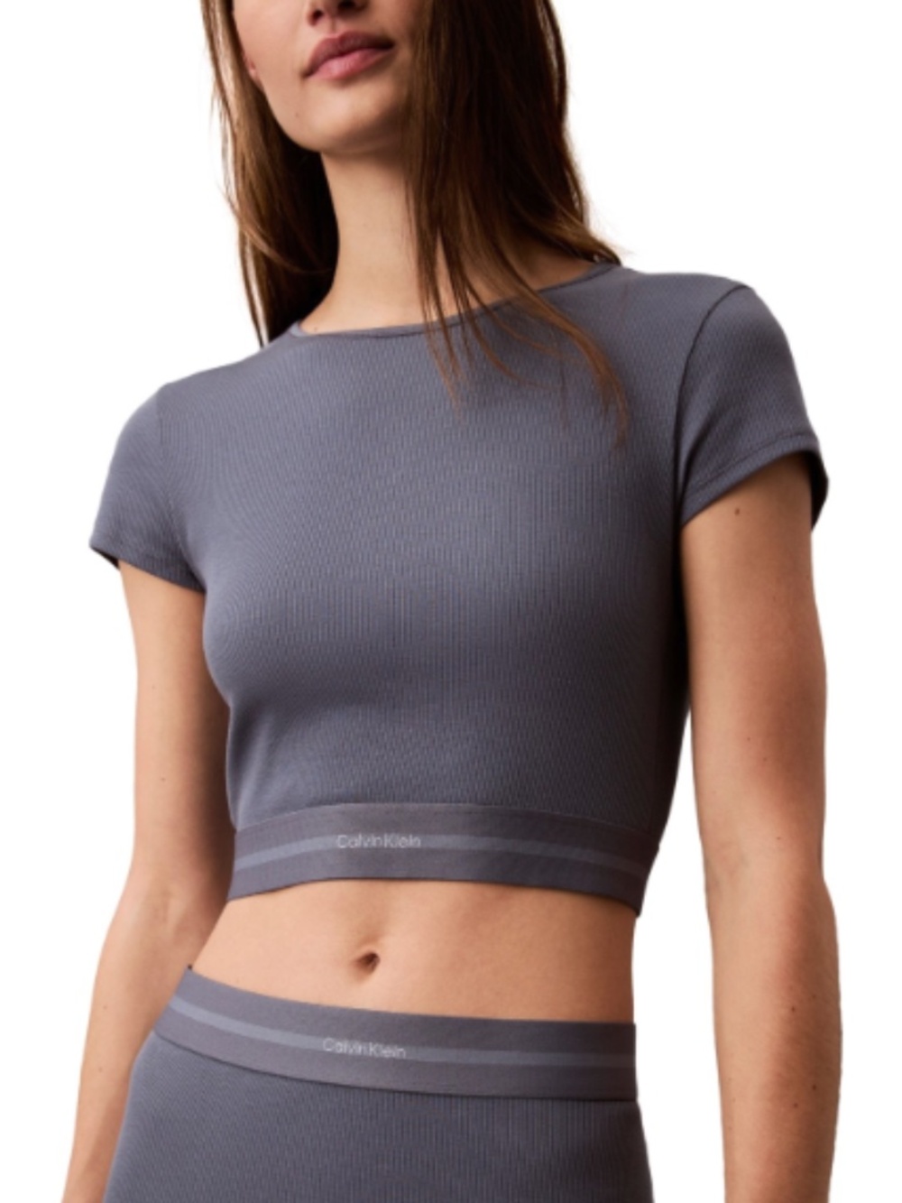 Calvin Klein Women's Cotton Stretch Rib Cropped Tee Blue Size M 11377